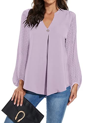 Image of Magritta Women Shirt Plus Size Long Sleeve V Neck Blouses Ladies Chiffon Plain Loose Work Tunic Tops Swing Tops Grey Purple X-Large / 18-20
