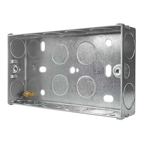 Image of Evoges Double Metal Back Box, 25mm, 2 Gang, 1.0mm Thickness for Electrical Sockets Switches, BS4662 Standard, 20mm Knockouts, Adjustable Lug, Brass Terminal (Pack of 1)