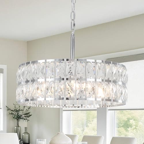 Image of JHLBYL Crystal Chrome Ceiling Light, 5-Light Modern Dining Room Silver Chandelier with E14 Dimmble Socket, Adjustable Height Hanging Industrial Pendant Lights for Kitchen Island, Living Room, Bedroom