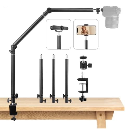 Image of JEBUTU MS05 Overhead Camera Mount, 37-104cm Adjustable Camera Desk Mount, Flexible 3 Section Detachable Articulating Boom Arm, Heavy Duty Desk Tripod with 1/4" Ball Head for DSLR, Webcam, Ringlight