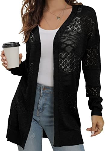 Image of GRECERELLE Summer Cardigans for Women UK Lightweight Lace Hollow Out Knit Soft Long Sleeve Open Front Beach Coverups Ladies Solid Color Sun Protection (Black, L)