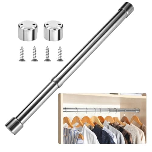Image of Extendable Clothes Rail,31-51cm Extendable Wardrobe Rail Adjustable Stainless Steel Wardrobe Rod with End Sockets and Screws Adjustable Wardrobe Rail for Wardrobe, Shower, Balcony, Windows