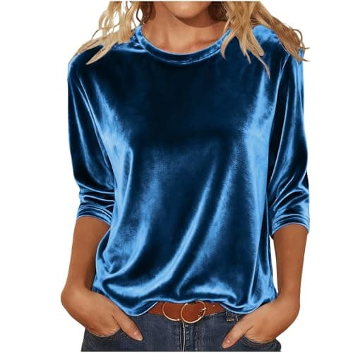 Image of Womens Velvet Tops UK Elegant - Ladies Velvet Blouses 3/4 Sleeve Crewneck Vintage Solid Color Velour Pullover Casual Tunic Baggy Tee Shirts Party Work Office Clothes Spring Outfits Blue