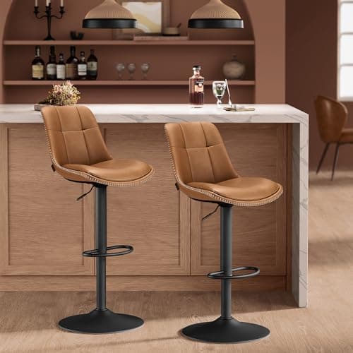 Image of VASAGLE Bar Stools Set of 2, Height Adjustable Swivel Kitchen Stools, Quilt, Synthetic Leather Bar Chairs with Back and Footrest, Dining Room, Counter, Steel, Caramel Brown LJB095K88