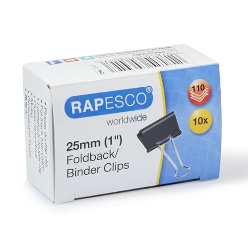 Image of Rapesco FBC250B1 25 mm Foldback Clips, Black, Pack of 10