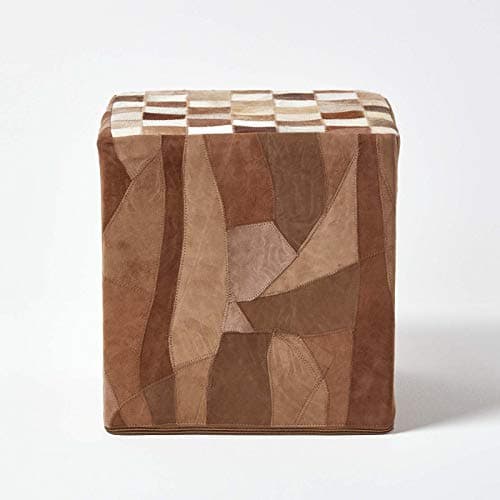 Image of HOMESCAPES Brown Cube Check Leather Suede Pouffe - 36 x 36 x 38 cm