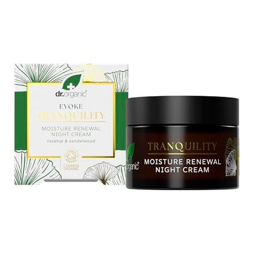 Image of Dr Organic Evoke Tranquility Moisture Renewal Night Cream, Rich Moisturiser for Soft, Smooth Skin, with Rosehip & Sandalwood, Certified Organic, 50ml