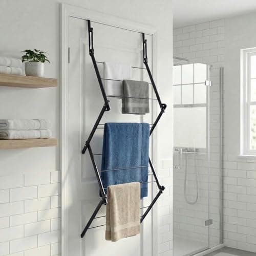 Image of OHS Over The Door Hanging Clothes Airer, Space-Saving Concertina Foldable Clothes Drying Rack with Multiple Bars Small Apartment Essential Landry Over Door Drying Rack, Black