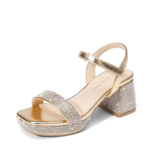 Image of DREAM PAIRS Girls Sandals Open Toe Low Block Chunky Heels Sandals Party Dress Pumps Shoes for Little Big Kid,Size 1 Big Kid,Gold-Metallic,SDHS25033K-V1