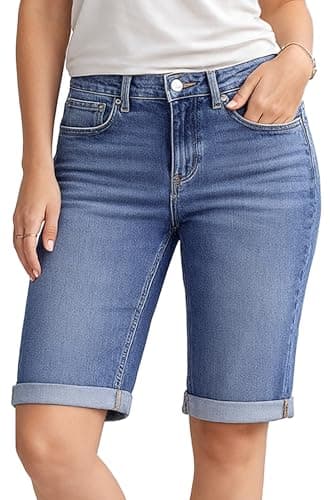Image of NOROZE Womens Denim Shorts – Ladies Knee Length Stretch Jean Shorts with Pockets – Rolled Hem Summer Bermuda Shorts for Women UK – Lightweight Casual Fit – Sizes 8 to 20