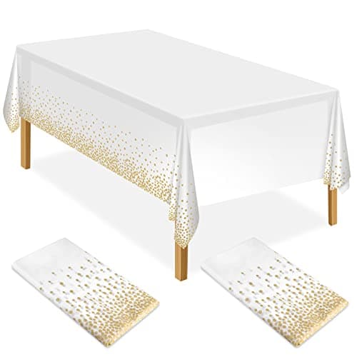 Image of ELECLAND 2Pcs White and Gold Party Tablecloth Plastic Tablecloth 137x274cm Gold Dot Confetti Table Cover Rectangular Party Table Cover for Picnic, Baby Shower, Halloween, Christmas
