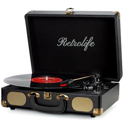 Image of Retrolife Vinyl Record Player 3-Speed Bluetooth Suitcase Portable Belt-Driven Record Player with Built-in Speakers RCA Line Out AUX in Headphone Jack Vintage Turntable