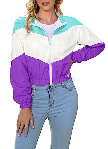 Image of LAOARA Women’s Lightweight Windbreaker Sport Jacket Zip Up Color Block Coat Casual Long Sleeve Jogging Outerwear, Purple, S