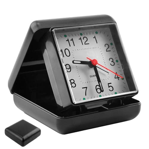 Image of Quartz Travel Alarm Clock Folding Design – Compact Battery Operated Clock with Clear Arabic Numbers – Lightweight Portable Alarm Clock for Bedside, Desk or Travel – Black