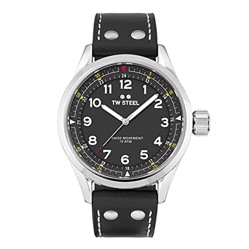 Image of TW Steel Swiss Volante Mens 45mm Quartz Watch with Black Dial Black Leather Strap, and Date Calendar SVS103