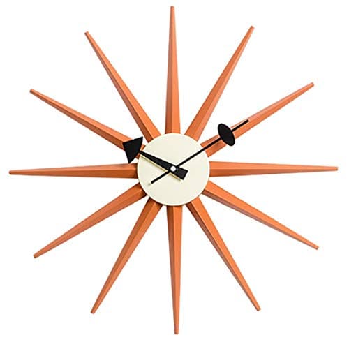 Image of SHISEDECO Modern Sunburst Clock in Orange Color, Non Ticking Wooden Mid Century Retro Design Decorative Silent Wall Quartz Clocks for Home, Kitchen, Living Room, Office and Bedroom etc.