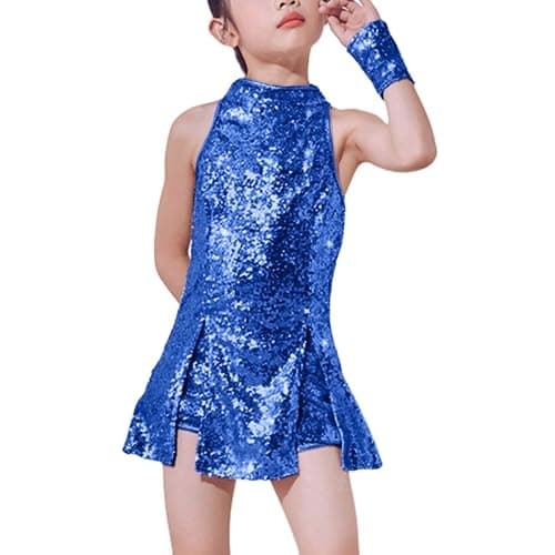 Image of LOLANTA Girls Sequins Jazz Dance Costume Child Sparkle Mini Dress Hip Hop Dance Clothes Set Top+Pants+Socks, Blue, 10-11 Years, 150