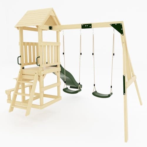 Image of GALACTICA Outdoor Wooden Swing and Slide Set for Kids, Garden Swing with 2 Adjustable Seats and Built-in Desk & Bench, Sturdy Weather-Resistant Frame, Backyard Playground for Toddlers and Children