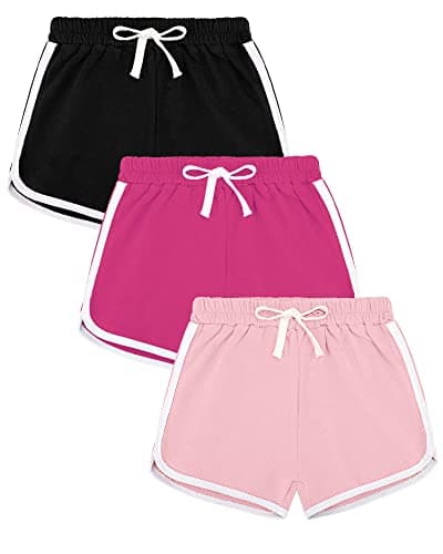 Image of Auranso Girls Athletic Shorts 6-14 Years Teen Kids Running PE Gym Sports Shorts Colourful Summer Casual Beach Short Pants 3 Pack Black Rose Pink, 8-10 Years