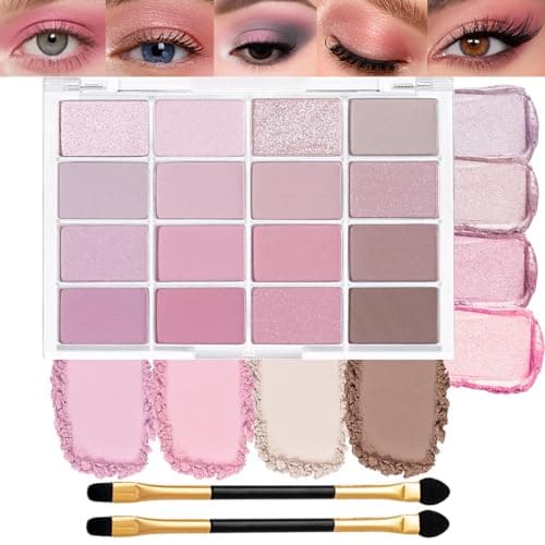 Image of 16-Color Nude Pink Purple Eyeshadow Palette – Long-Lasting Waterproof Blendable Matte & Shimmer Shades, Highly Pigmented, Travel-Friendly, Beginner Friendly, Flattering on All Skin Tones (Light Pink)