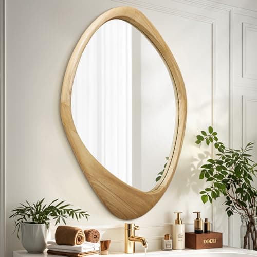 Image of AAZZKANG Large Wall Mirror with Irregular Wood Framed 70x50cm Decorative Asymmetrical Hanging Mirrors for Bathroom Bedroom Living Room Entryway