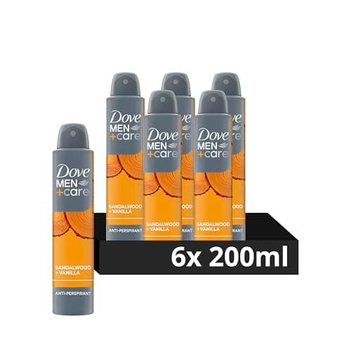 Image of Dove Men+Care Advanced Sandalwood + Vanilla Anti-Perspirant Aerosol Deodorant Spray with ¼ moisturising cream for 72 hour sweat protection and anti-bacterial odour control 6x 200 ml