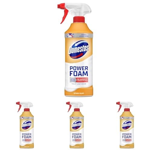 Image of Domestos Power Foam Citrus Blast Toilet & Bathroom Cleaner Spray sprays upside down & eliminates 99.99% of germs* for cleaning inside the toilet & around the bathroom 450 ml (Pack of 4)