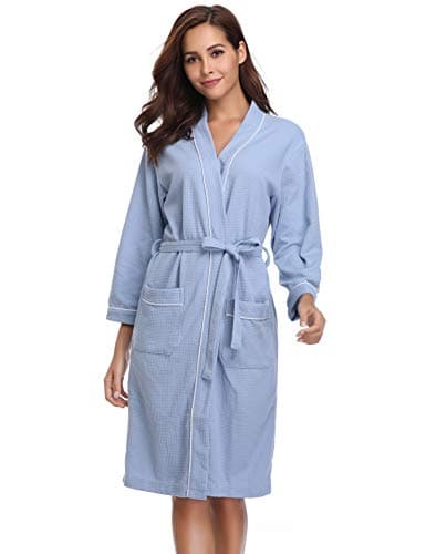 Image of Vlazom Waffle Dressing Gowns Unisex Kimono Robe Cotton Lightweight Bathrobe for All Seasons Spa Hotel Sleepwear - Blue-style a - XL