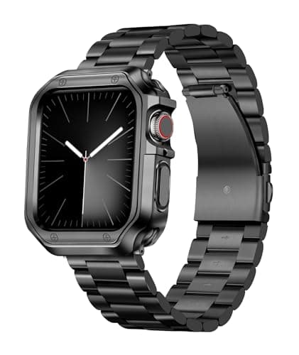 Image of BINLUN Compatible with Apple Watch Strap 45mm 44mm 42mm Matte Stainless Steel Metal Watch Straps with Polished Finish TPU Case Compatible with iWatch Series 9/8/7/SE2/SE/6/5/4/3/2/1