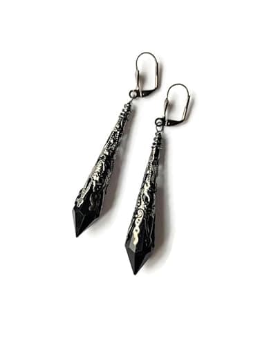 Image of Black Faceted Acrylic Bead Long Pointed Pendant Earrings, Ornately Stamped Vintage Style Gunmetal Tone Leverback Earrings
