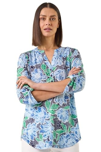 Image of Roman Shirt for Women UK Ladies Top Collarless Blouse Stretchy Tunic Smart Casual Autumn Winter Jersey 3/4 Length Sleeve Notch V Neck Flattering Office Work - Floral Blue - Size 16