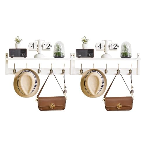 Image of YMYNY Coat Hooks Wall Mounted with Shelf - 2 Pack Coat Rack Wall Mounted with 10 Double Hooks - Wooden Wall Coat Rack Jacket Hanger for Entryway, Hallway - White, HWS004W-2