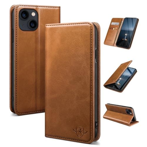 Image of SUANDUCK for iPhone 13 6.1" phone case magnetic leather flip case with RFID-blocking card compartment, adjustable stand and 360° drop protection with Apple 13 Light Brown