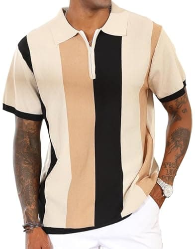 Image of Men's Fashion Polo Shirts Vintage Striped Knitting Shirts Casual Slim Fit Golf Shirts Apricot L
