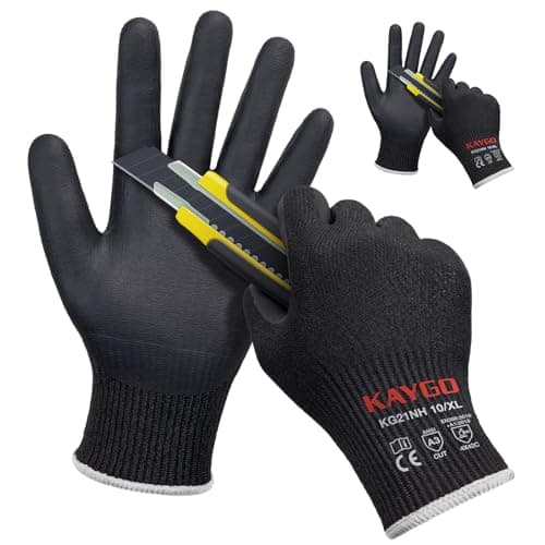 Image of KAYGO Cut Resistant Work Gloves - 2 Pairs, Level C Protection, MicroFoam Nitrile Coated Good Grip Machine Washable, Cut Proof Safety Gloves EN388 4X42C, Ideal for Construction DIY, KG21N (Black, XL)