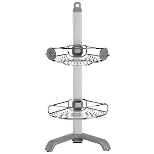 Image of simplehuman BT1064 Corner Shower Caddy, Free Standing Bathroom Shelf Storage Organiser, Rustproof, Storage Hooks, Adjustable Shelves and Feet, Matt Stainless Steel + Anodised Aluminium