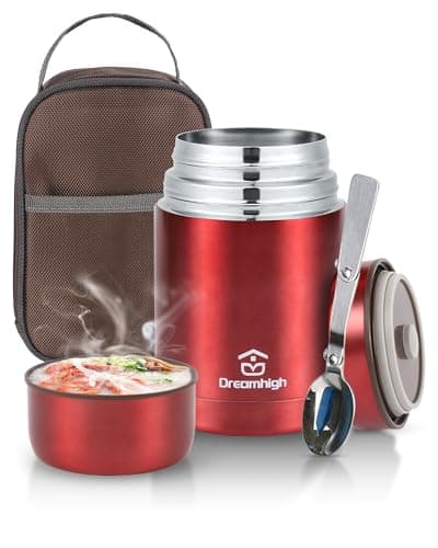 Image of Dreamhigh® Thermal Food Flask, 800ml, Soup Flask with Spoon, Stainless Steel Vacuum Insulated Food Container, Leak-Proof, with Carrying Bag, Keep Hot/Cold for 12 Hours (Red)
