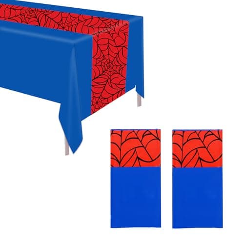 Image of SAVITA 2pcs Spider Tablecloths, 54x108 Inch Blue and Red Spider Web Table Covers Plastic Rectangle Table Cloth for Kids Cartoon Theme Birthday Party Decorations Supplies