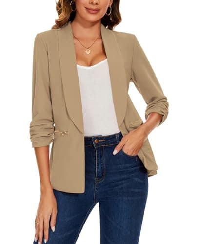 Image of MINTLIMIT Casual Tailored Open Front Khaki Blazer for Lapel Suit Jacket Women 3/4 Ruched Sleeve (Khaki M)