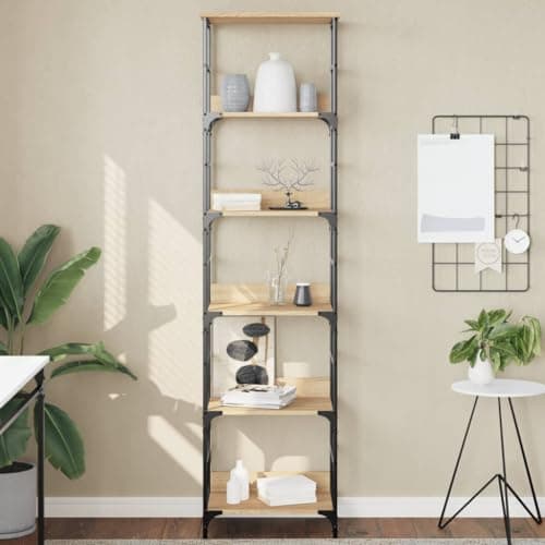 Image of Tonture Sonoma Oak Bookcase, 50 x 33 x 188.5 cm, Wood Material with 5 Compartments, Sturdy Standing Shelf for Books, DVDs and Decoration, Industrial Style, Versatile Storage Space