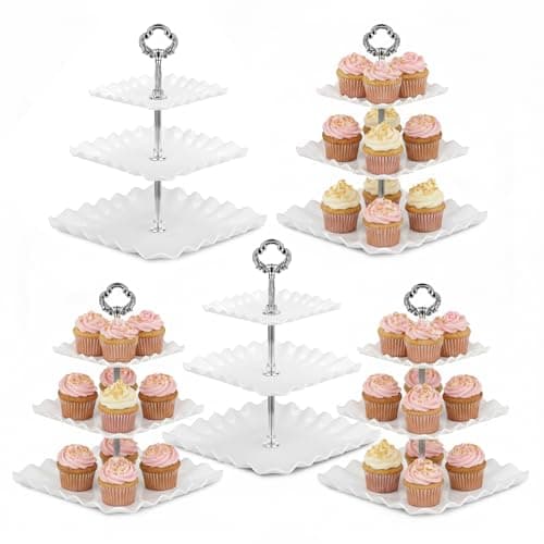 Image of NWK Pack of 5 Large Square 3-Tier Cupcake Stand 31cm Height Plastic Cake Stand Food Round Display for Wedding Birthday Graduation Afternoon Tea Party