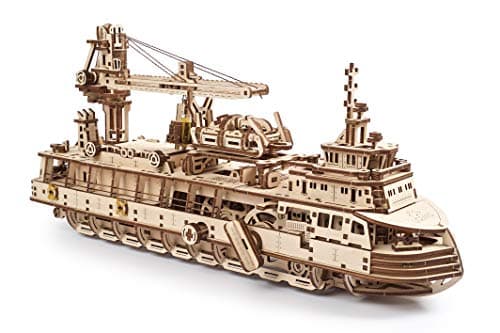 Image of UGEARS Research Vessel 3D Puzzle - Ship Wooden Model Kits for Adults to Build - Self-Propelled Maritime Explorer with Working Crane- 3D Wooden Puzzles for Adults Gifts for Christmas