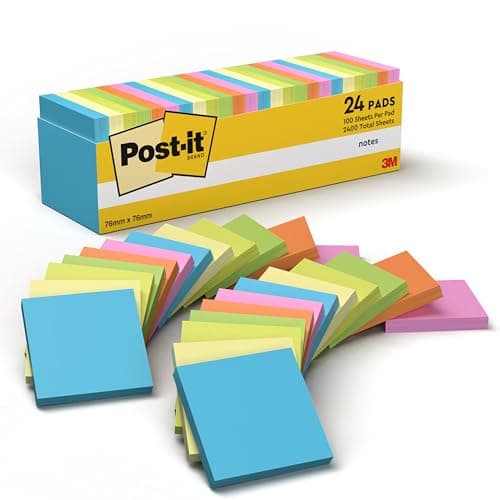 Image of Post-it Notes, Assorted Colours, 24 Pads, 100 Sheets per Pad, 76 mm x 76 mm - Self-Stick Notes for Note Taking, to Do Lists & Reminders, School and Office Supplies