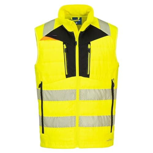 Image of Portwest DX479 DX4 Hi Vis Hybrid Baffle Bodywarmer Gilet Insulated Water Resistant Ripstop Fabric Segmented Reflective Tape Multi Pocket Certified Safety Rail Compliant, L, Yellow/Black