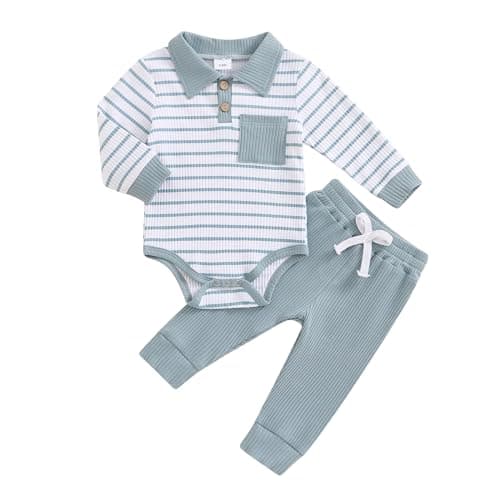 Image of Vioyavo Infant Baby Boys 2Pcs Tracksuit Stripes Print Long Sleeve Romper Elastic Waist Long Pants Set Casual Clothes Set Spring Fall (L Blue, 9-12 Months)