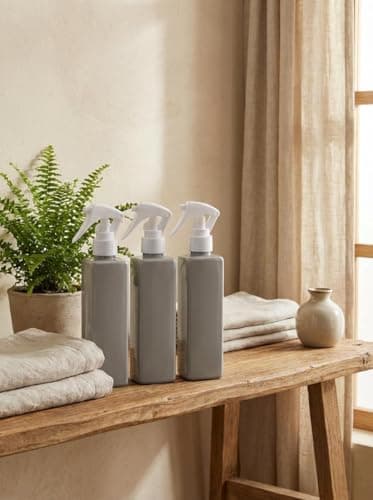 Image of Room spray Bottles, Set of 3, 250ml Grey Square with white spray top eco refillable | Car detailing | Fragrance | Hair | Gardening | Cleaning supplies