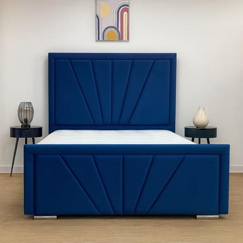 Image of Cozelle Luxury 4ft Small Double Blue Bed Frame – Handcrafted Plush Velvet Upholstered Bed Frame with 50" Headboard & 20" Footboard