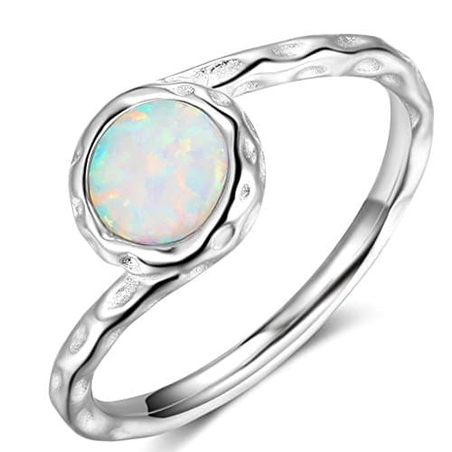 Image of JUDE 925 Sterling Silver Hammered Created Opal Wave Solitaire Wedding Engagement Ring (J)