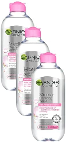 Image of Garnier Micellar Cleansing Water, Gentle face Cleanser & Makeup Remover, Fragrance-Free, Vegan Formula, Suitable For All Skin Types, Even Sensitive, Skin Active, 400ml (Pack of 3)