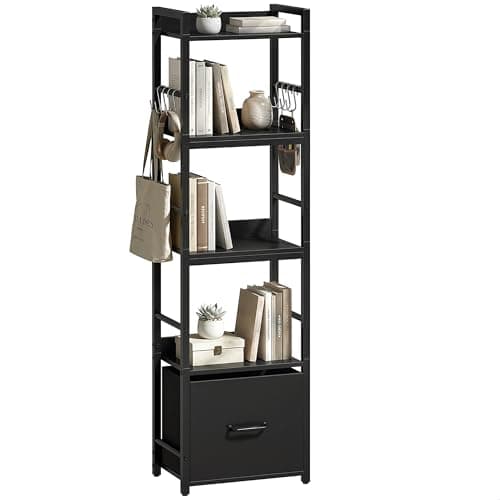 Image of HOMCOM 4-Tier Bookshelf, Narrow Bookcase with Drawer, 8 Hooks, Metal Frame, Shelving Unit for Living Room, Bedroom, Home Office, 39 x 26 x 136.5 cm, Black
